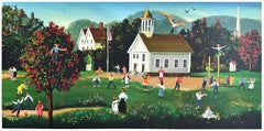 Recess, Original Hand Drawn Lithograph, 15.75 x 28, Children Playing