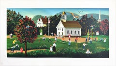 Recess, Original Hand Drawn Lithograph, 15.75 x 28, Children Playing