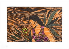 FLOWERS – Original-Holzschnitt, signiert, 2004, Profilporträt einer Frau