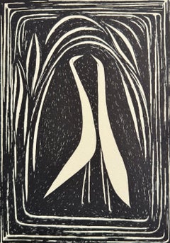 LOVE BIRDS Original Hand Drawn Lithograph, Signed, 1980, Modern Animal Abstract