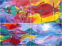 FOUR SEASONS, Suite of 4 Mixed Media Pop Art Landscapes, Signed, One-of-a kind
