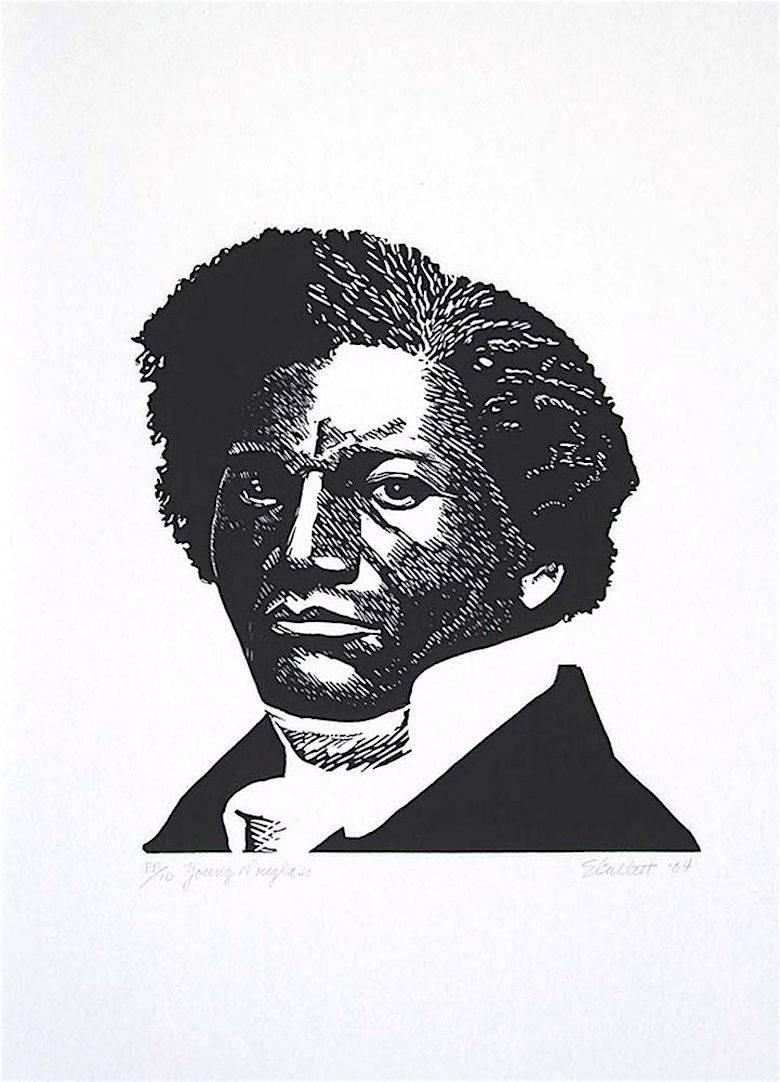 Elizabeth Catlett Portrait Print - YOUNG DOUGLASS Signed Linocut Black and White Portrait African American History 
