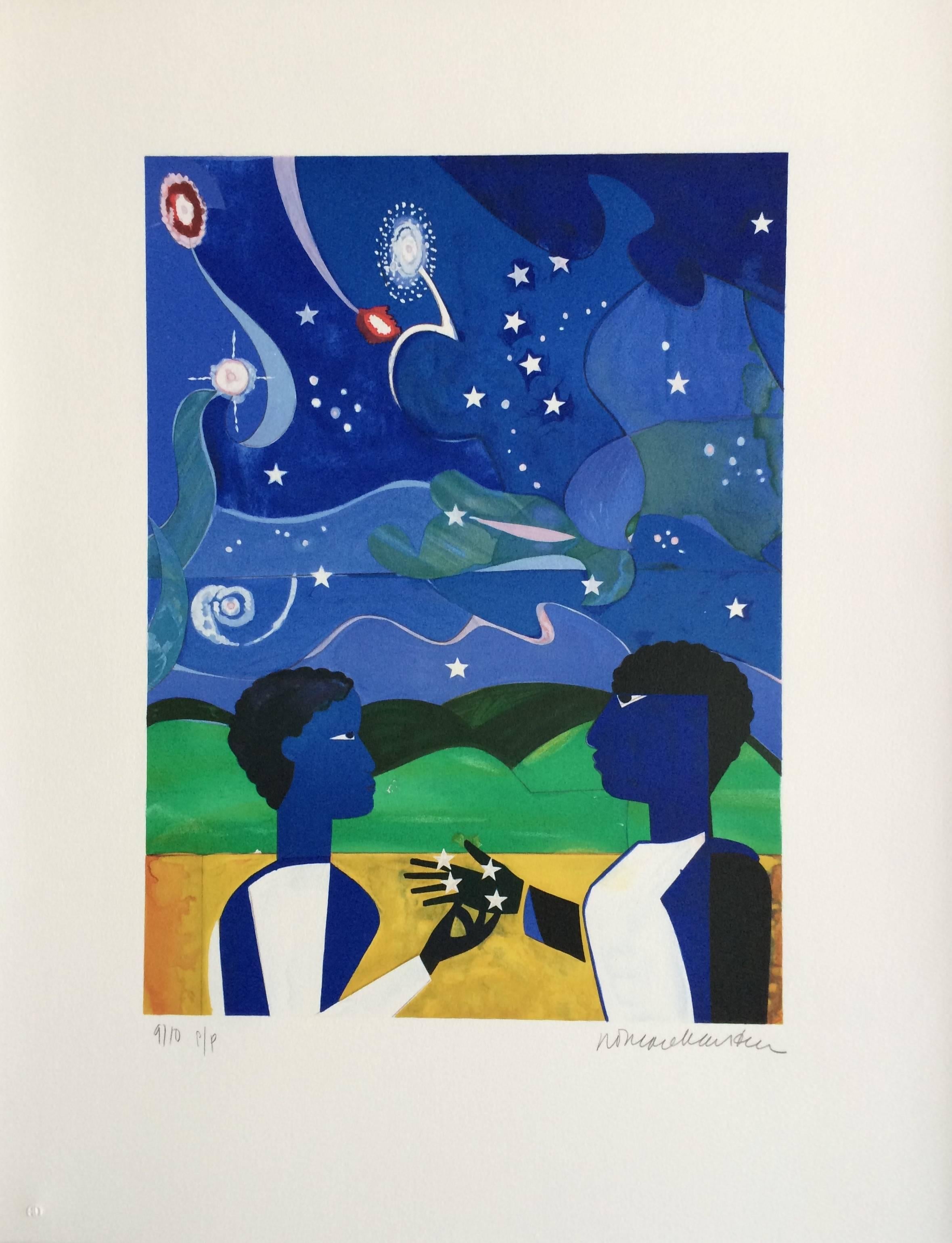 Two Worlds, Faces Of The Future, Signed Lithograph, Starry Night - Print by Romare Bearden