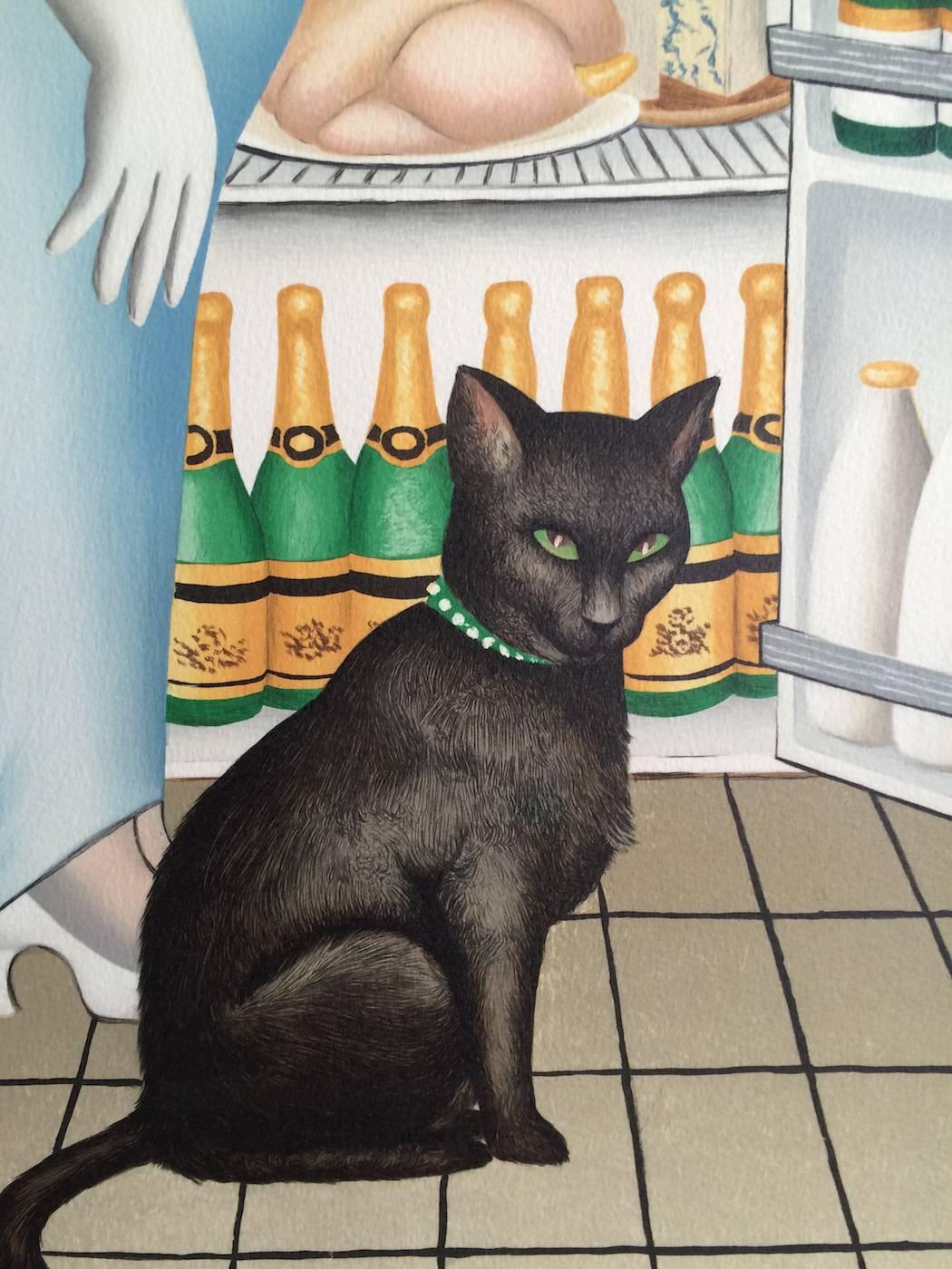 PERCY AT THE FRIDGE Signed Lithograph, Black Cat, Champagne, British Humor - Contemporary Print by Beryl Cook