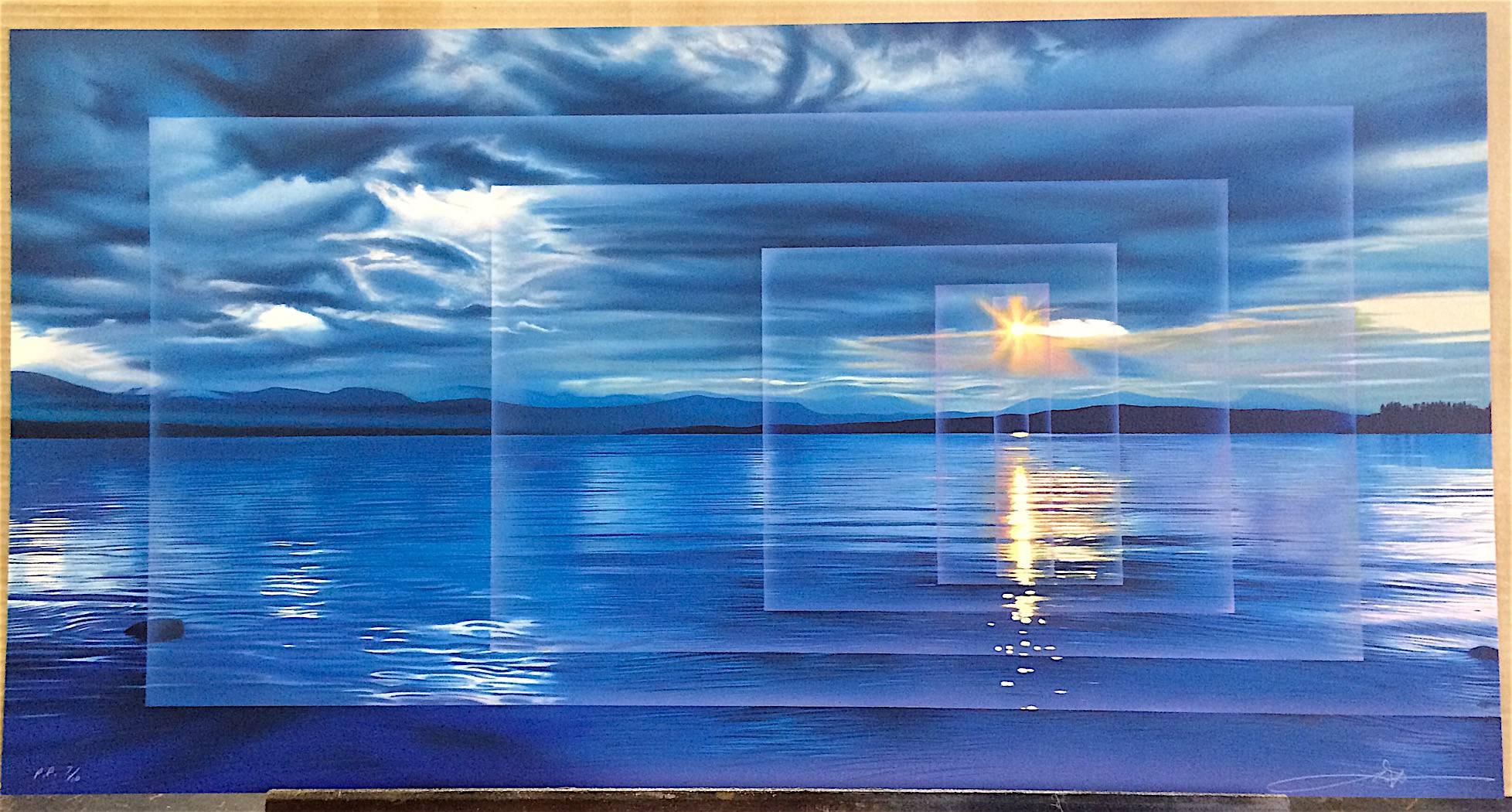 CALM Signed Lithograph, Blue Water Landscape, Sunset, Yellow Sun, Clouds - Print by Frank Licsko