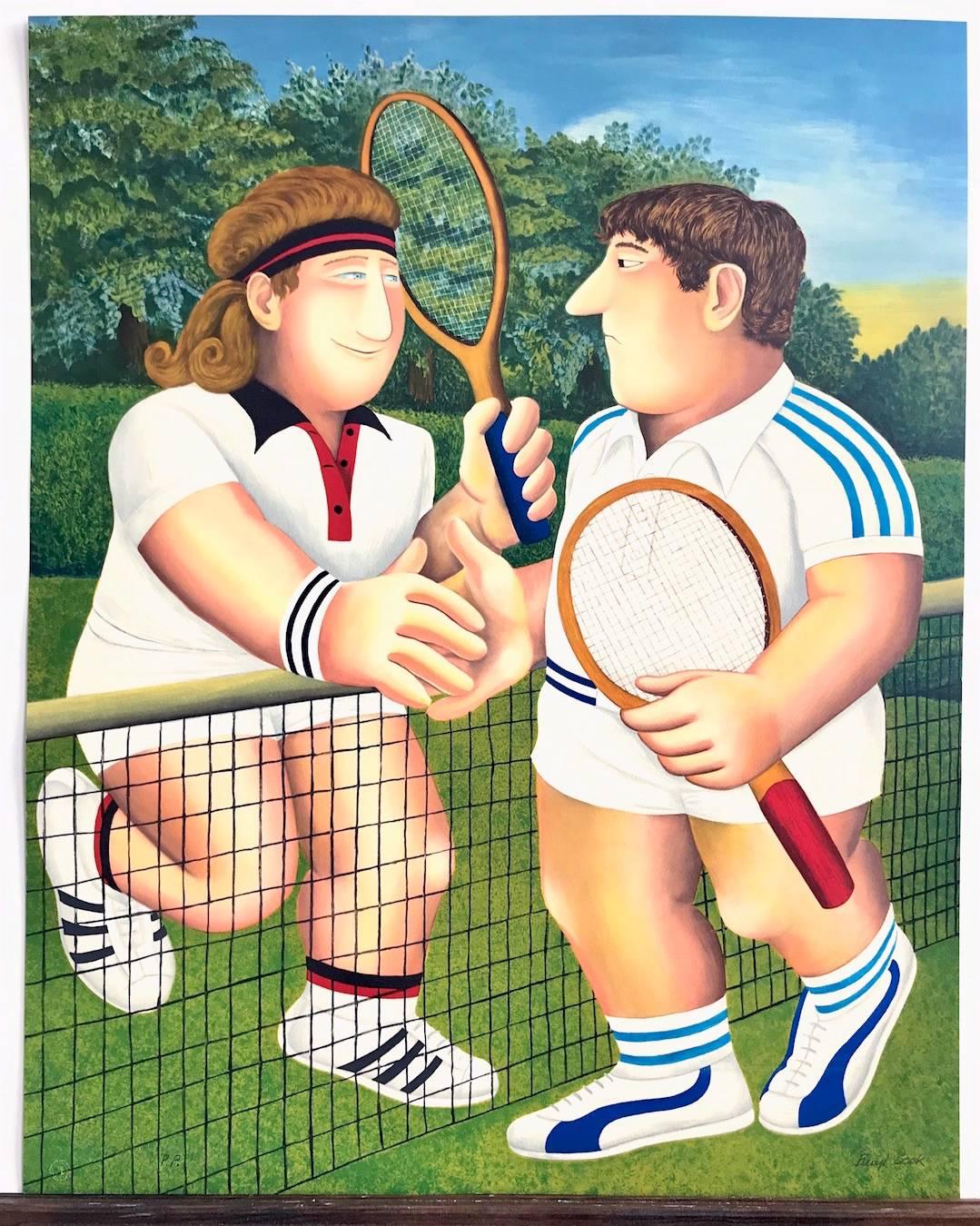 TENNIS Hand Drawn Signed Lithograph, Borg vs. Connors Rivalry, British Humor - Brown Figurative Print by Beryl Cook