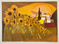 Lithographie signée Champ de Tournesols, Tournesols Village Français Jaune Coucher de Soleil