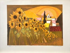 Lithographie signée Champ de Tournesols, Tournesols Village Français Jaune Coucher de Soleil