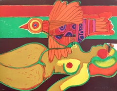 LE VOYAGE de L'OISEAU Signed Lithograph, Reclining Nude, Exotic Orange Bird