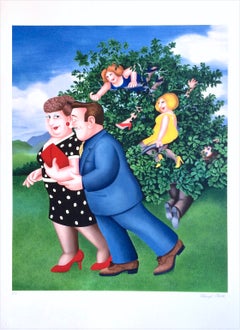 BIRD IN HAND Signierte Lithographie, Comic-Landschaft, Paares Spaziergang, britische Humor