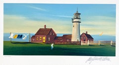 « Tâches quotidiennes », lithographie signée, 10 x 14. Scène côtière de Nouvelle-Angleterre, phare