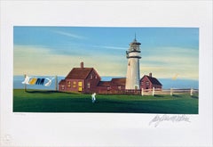 « Tâches quotidiennes », lithographie signée, 10 x 14. Scène côtière de Nouvelle-Angleterre, phare