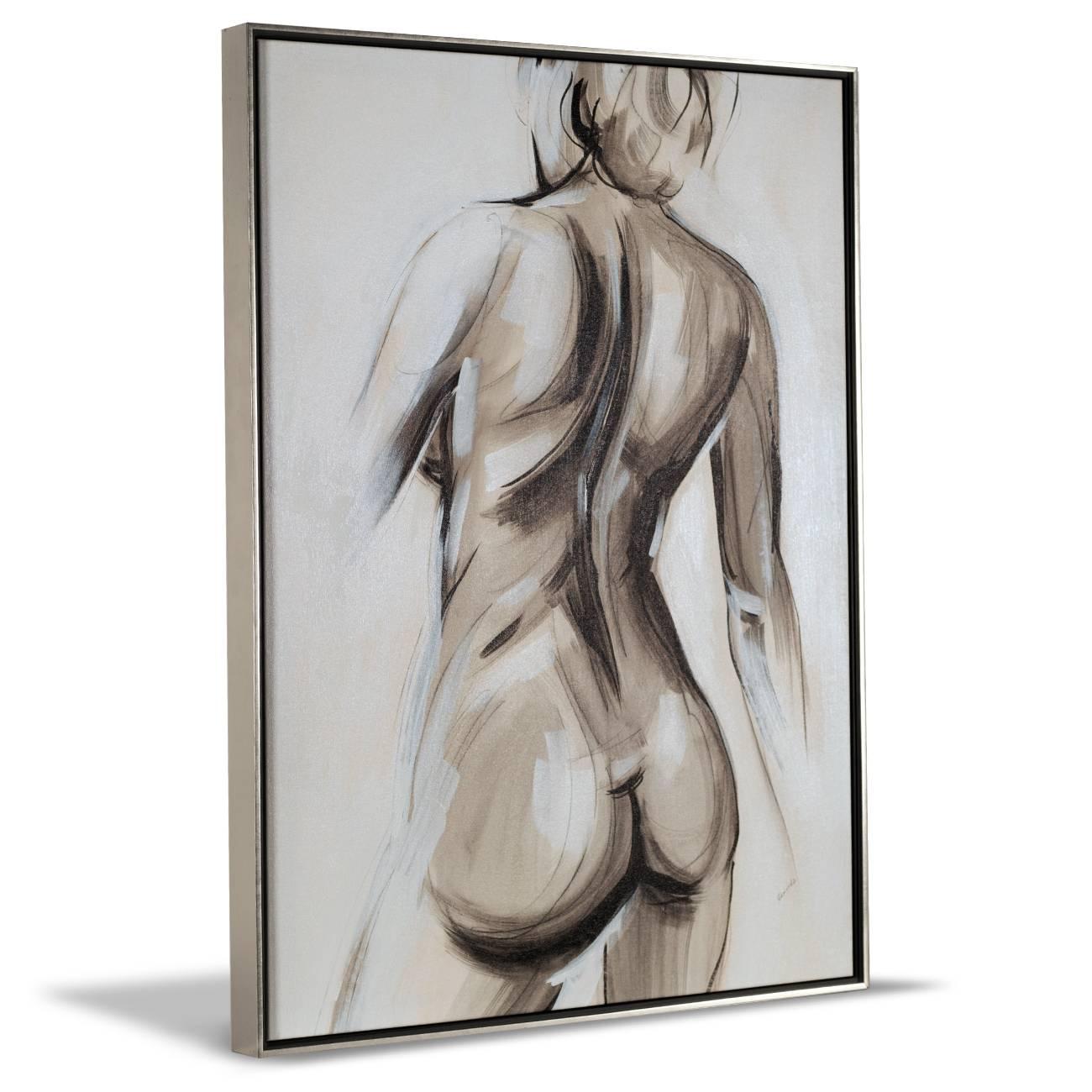 **GALLERY MOVING SALE PRICE** Soft brush strokes in a range of neutral tones form the sensual female figures in Sydney Edmunds' 2-piece "Contemporary Nude" series. Each painting is 40 inches tall and 30 inches wide. Shown in silver floater frame,