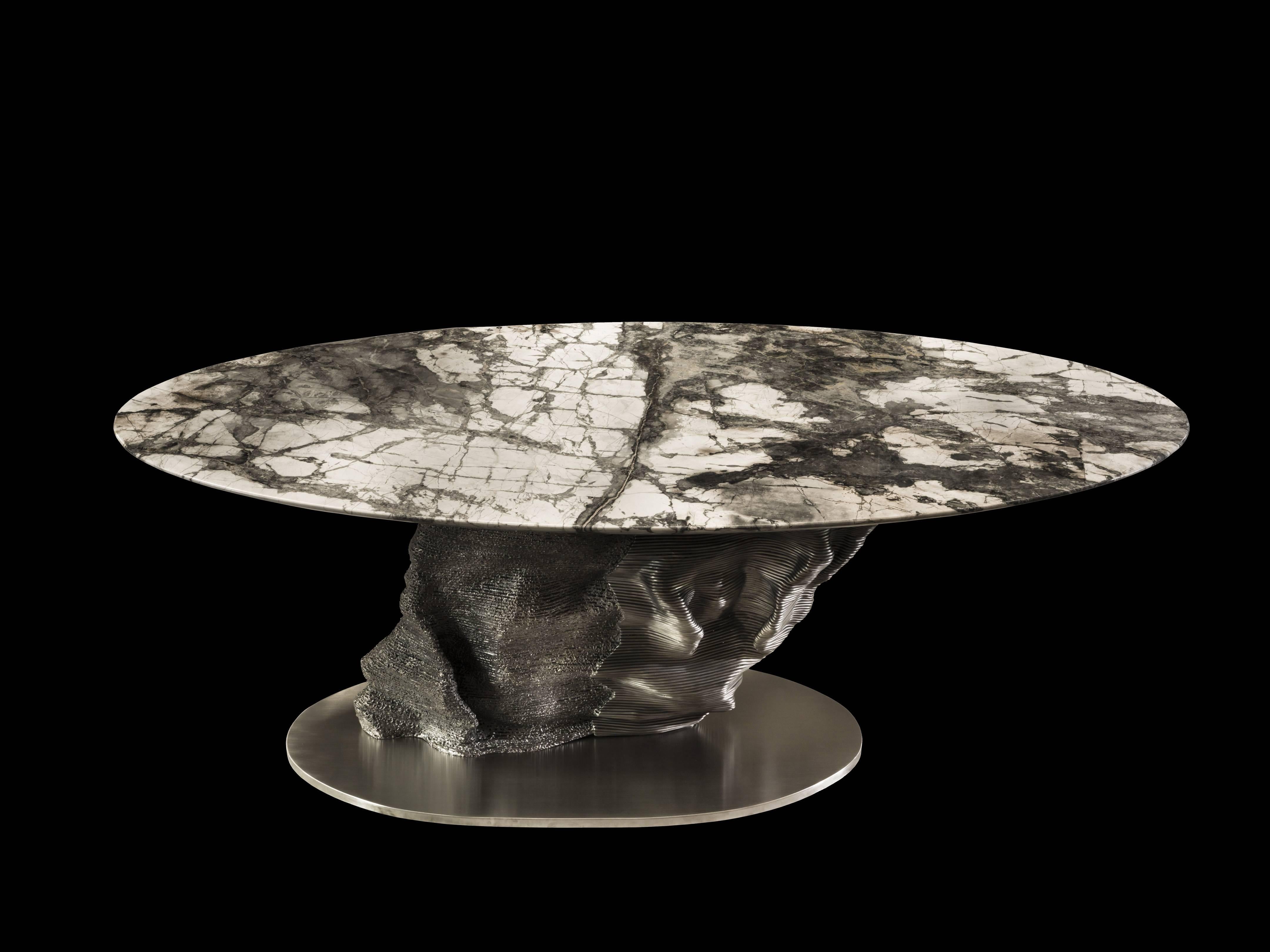 "Meteorite", Italian marble table with sculptural metal base - Art by Giorgio Pozzi