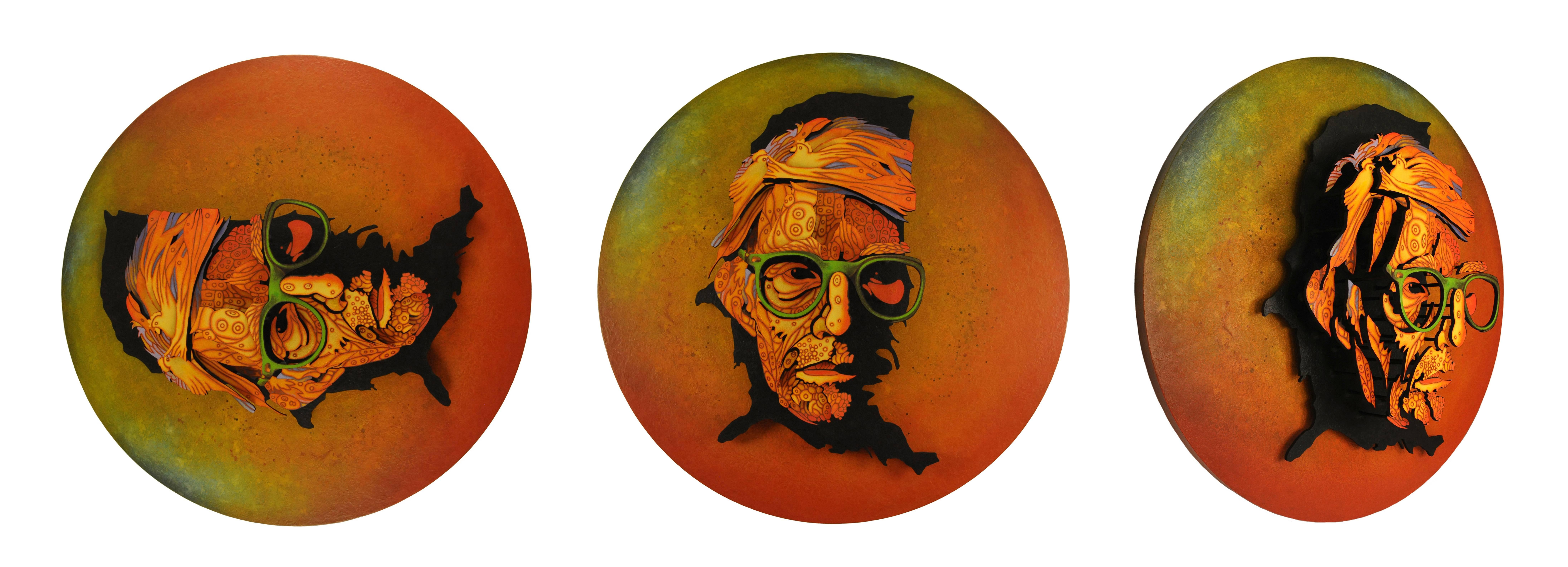 Orange large-scale 3D portrait for Any Warhol on the map of the USA. Wooden wall art. 3D art. 
Signed on the right.

