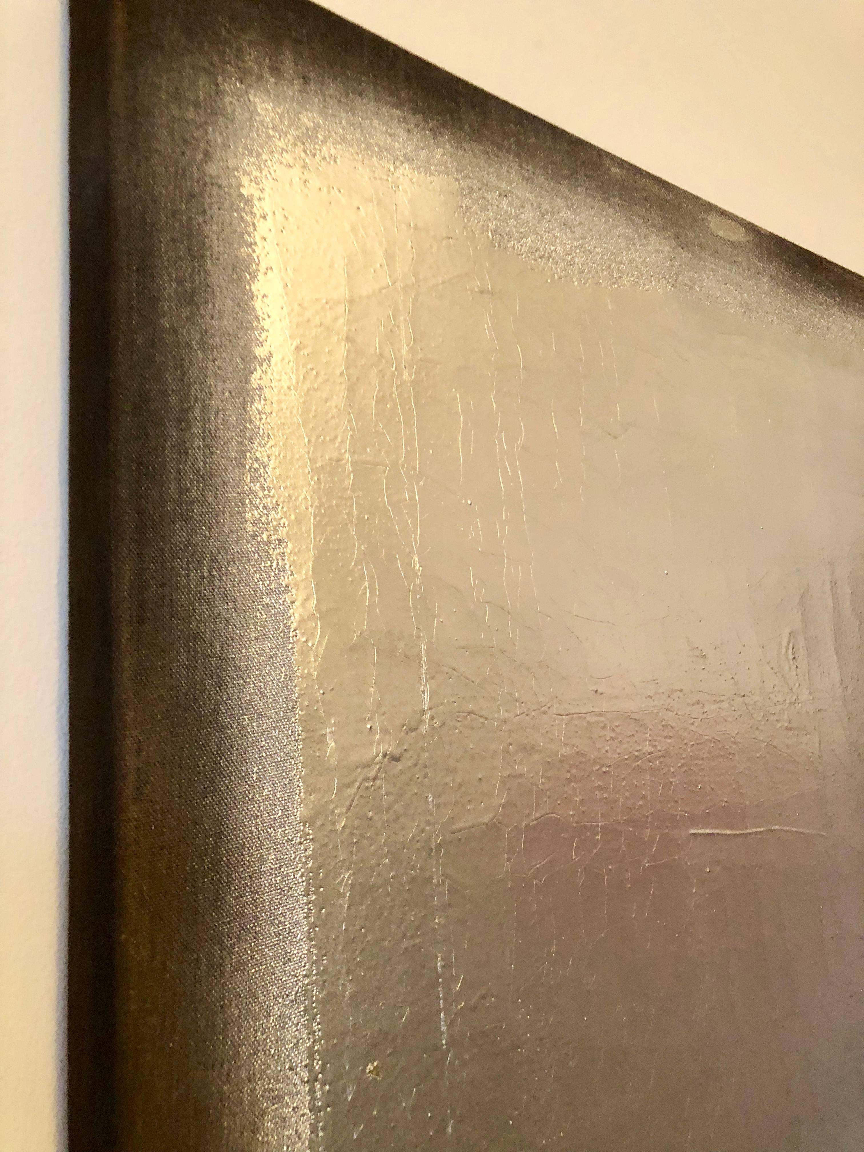 Contemporary minimalism, large silver abstract painting. Interior design paintings. Mark Rothko look. 
Eduardo Terranova, Colombian artist.  Silver Plating on Burlap and Canvas, signed on the back. 
Artist's studio practice investigates the