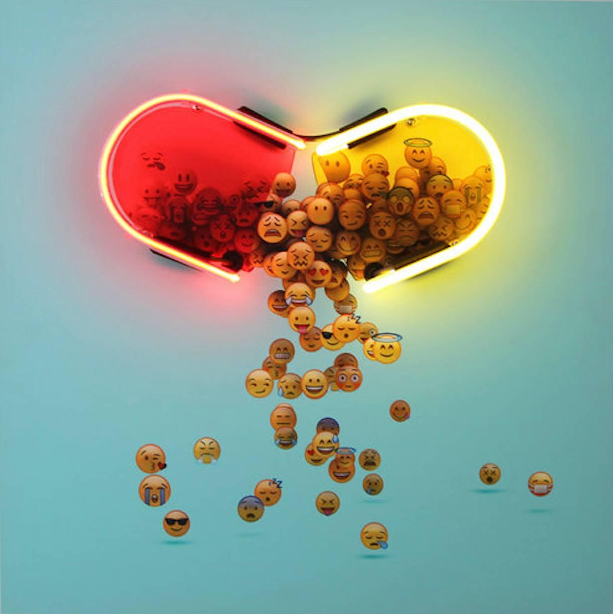 Sara Zaher Figurative Print - "Emoji Dose" - digital print with neon
