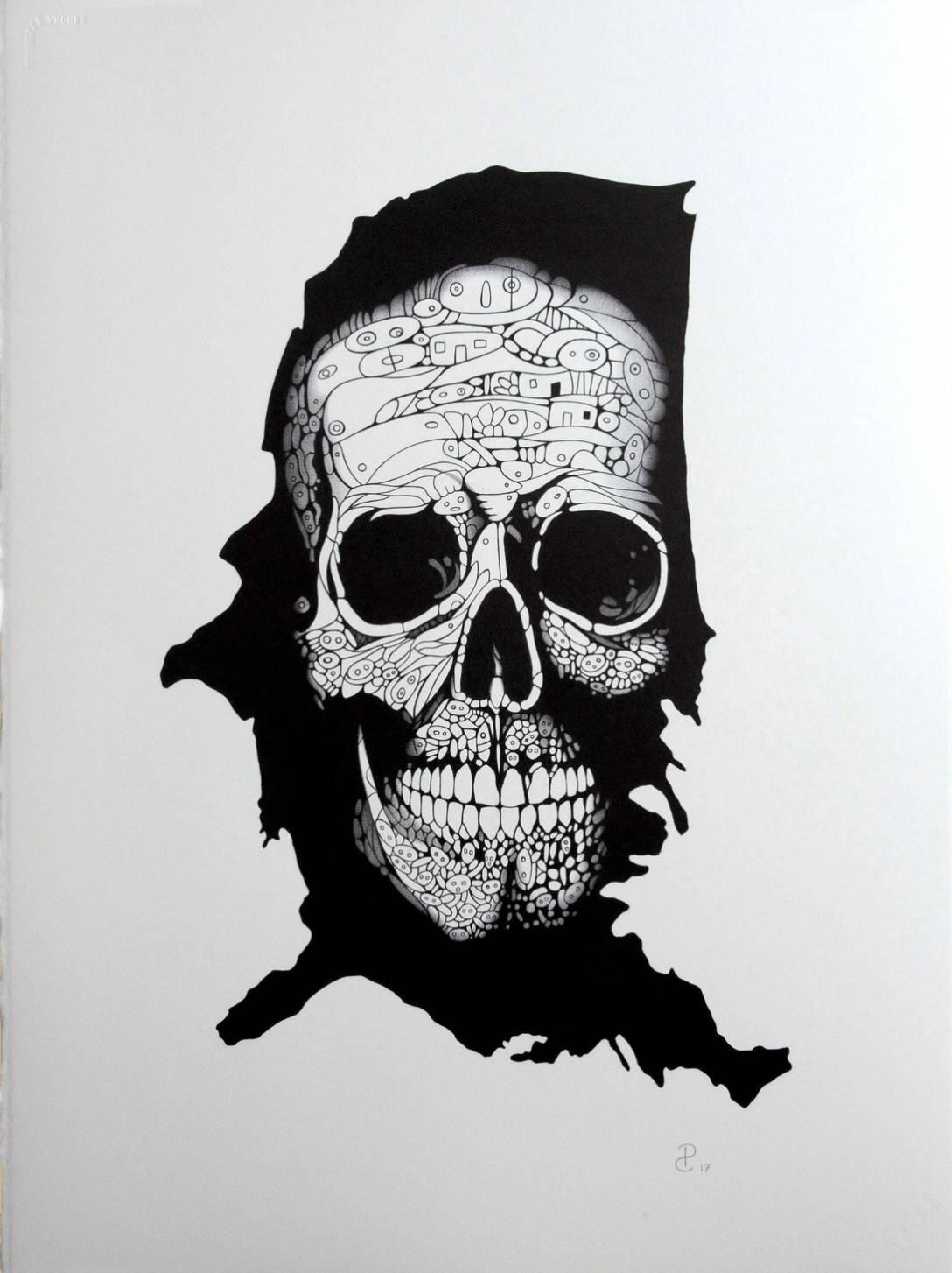 "Skull On The Map" - skull pen drawing on paper  - Art by Pablo Caviedes