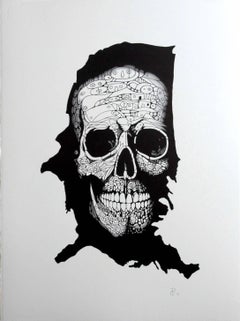 "Skull On The Map" - skull pen drawing on paper