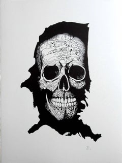 "Skull On The Map" - skull pen drawing on paper 