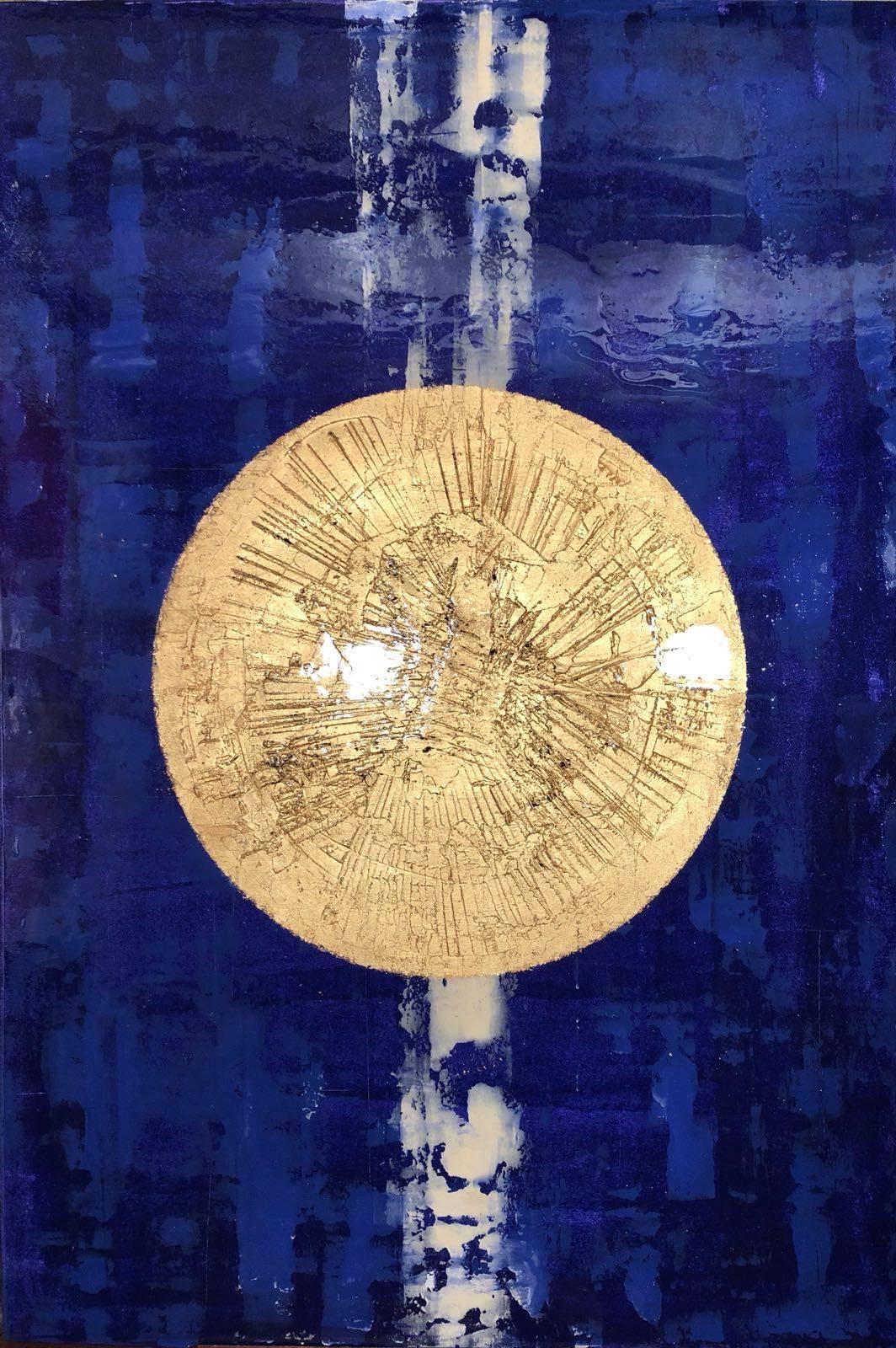 « Bleu » - peinture abstraite avec planète dorée - Géométrique abstrait Mixed Media Art par David Aiu Servan-Schreiber