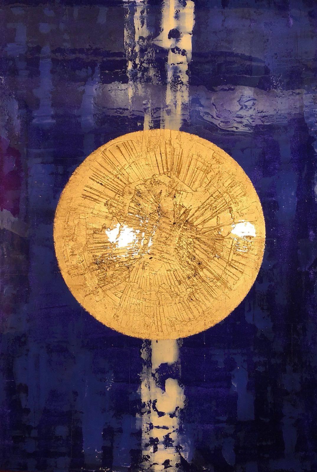 « Bleu » - peinture abstraite avec planète dorée en vente 1