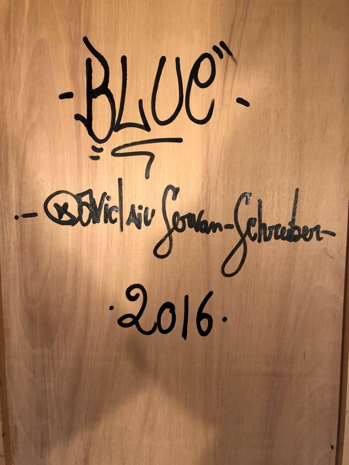« Bleu » - peinture abstraite avec planète dorée en vente 3