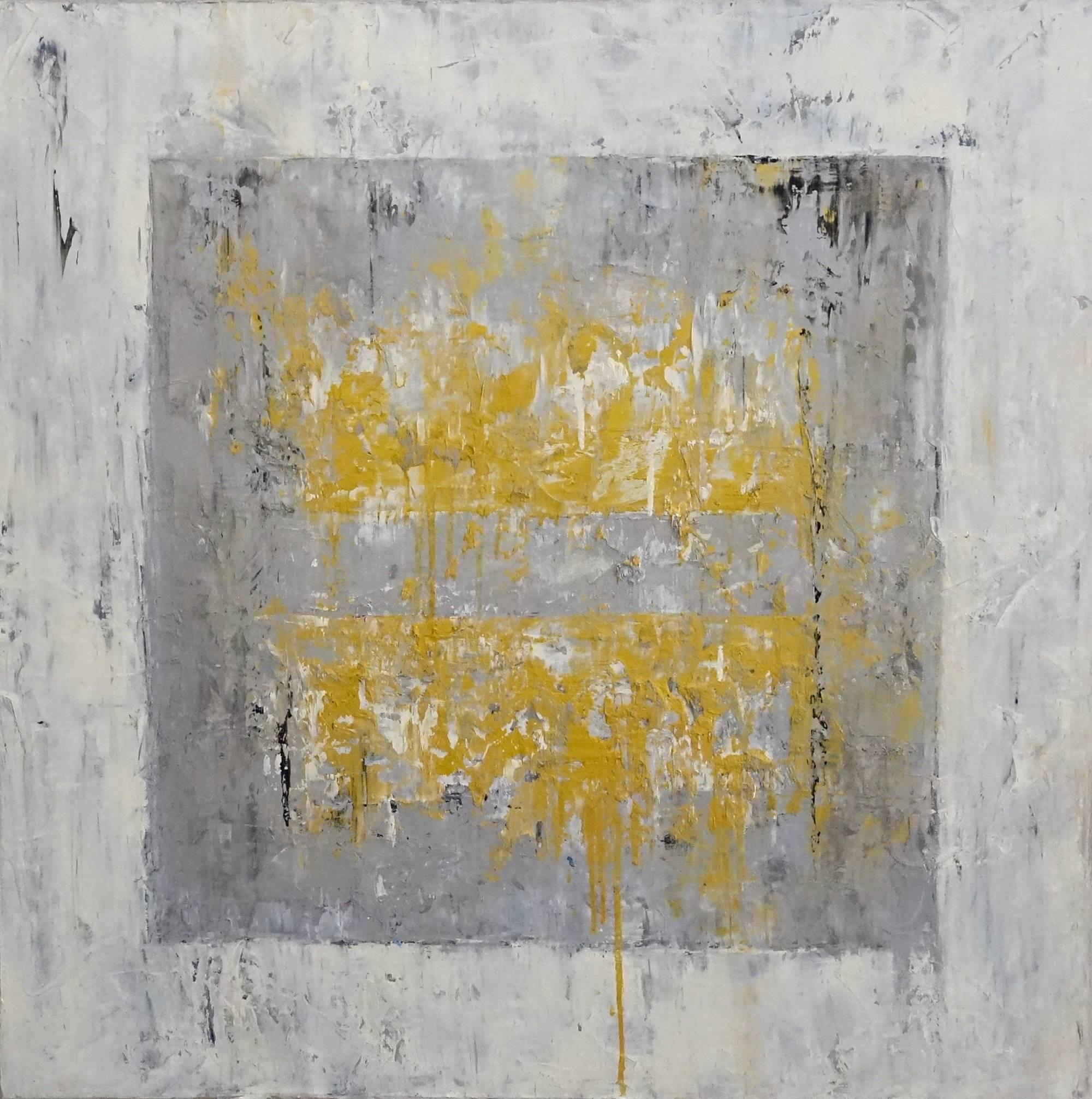 Jill S. Krutick Abstract Drawing - Ice Cube 4 (Gold, Yellow, White, Gray, Silver, Abstract Expressionist Painting)