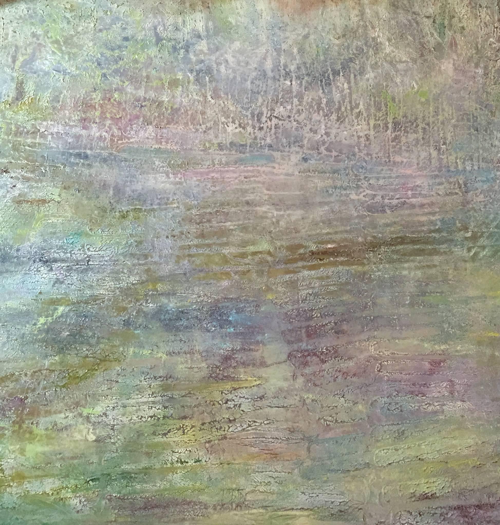 Jill S. Krutick Abstract Drawing - Spring Fantasy (Green, Purple, Gray, Pastel, Abstract Expressionist Painting)