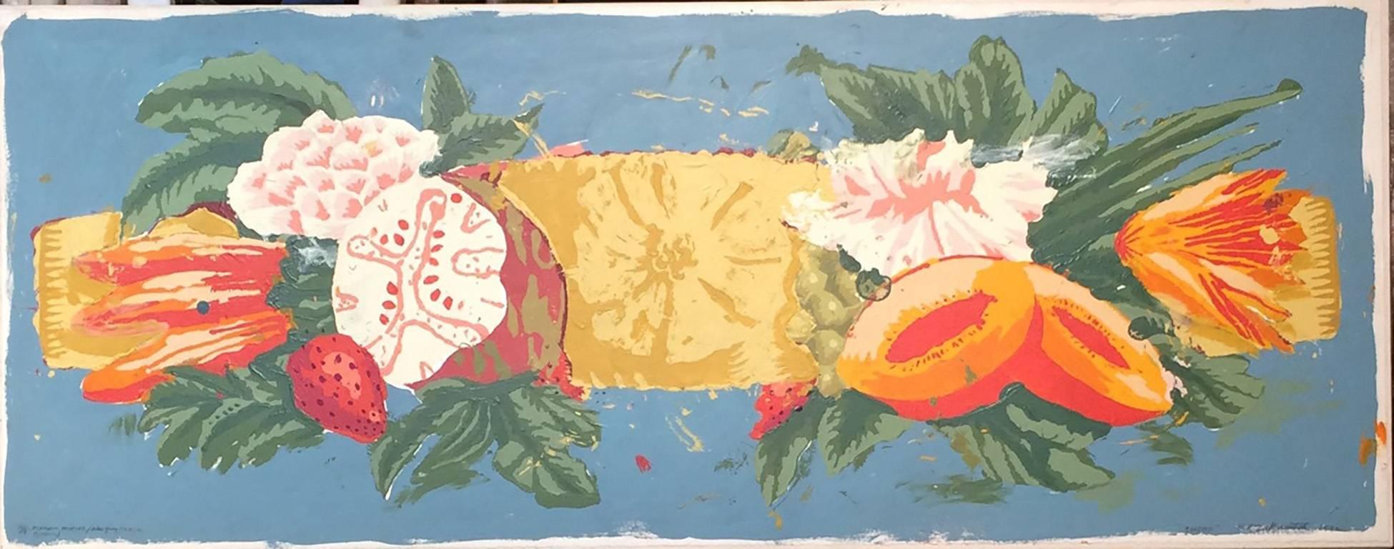 Robert Zakanitch Still-Life Painting - Barette, Blue (Floral, Fruit, Contemporary Ornamentalism, Porchoir Monoprint)