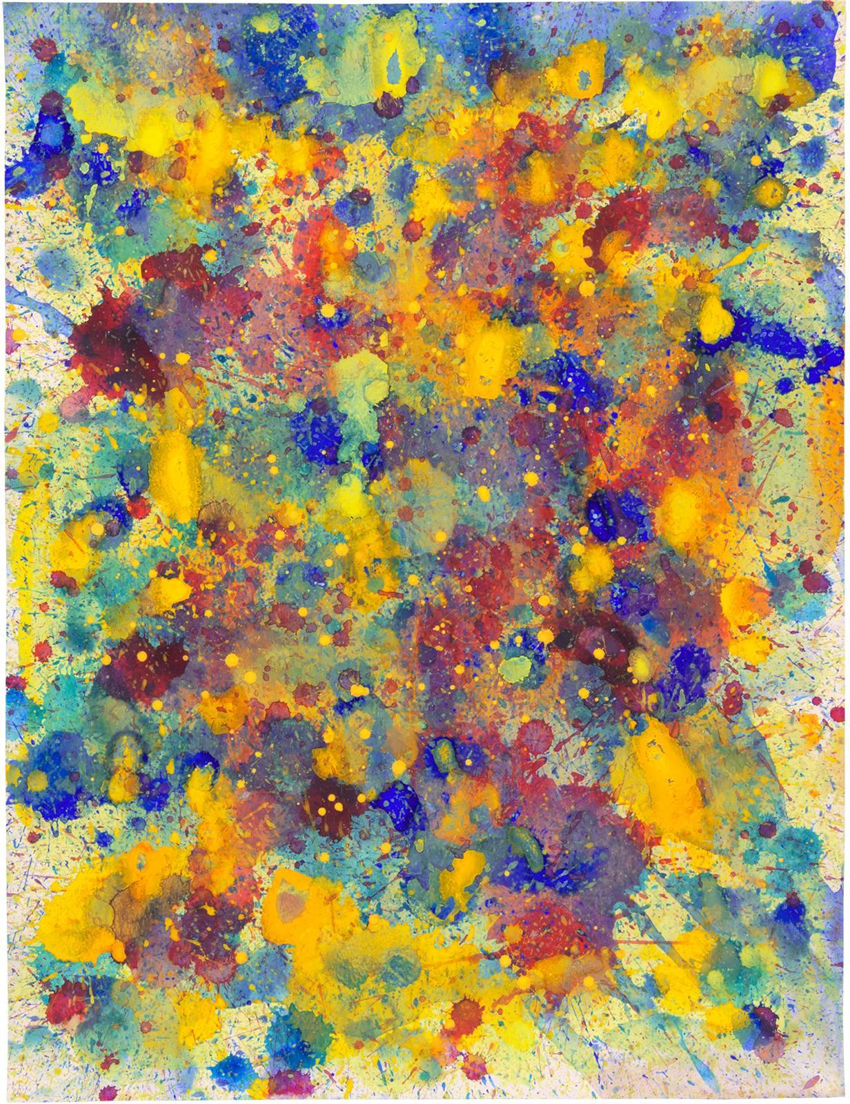 J. Steven Manolis Abstract Painting - Spring Flowers (Blue, Yellow, Red Abstract Expressionist Watercolor)