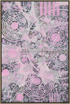 Pink Concentric Party (Black, Grey, Abstract Expressionist Painting)