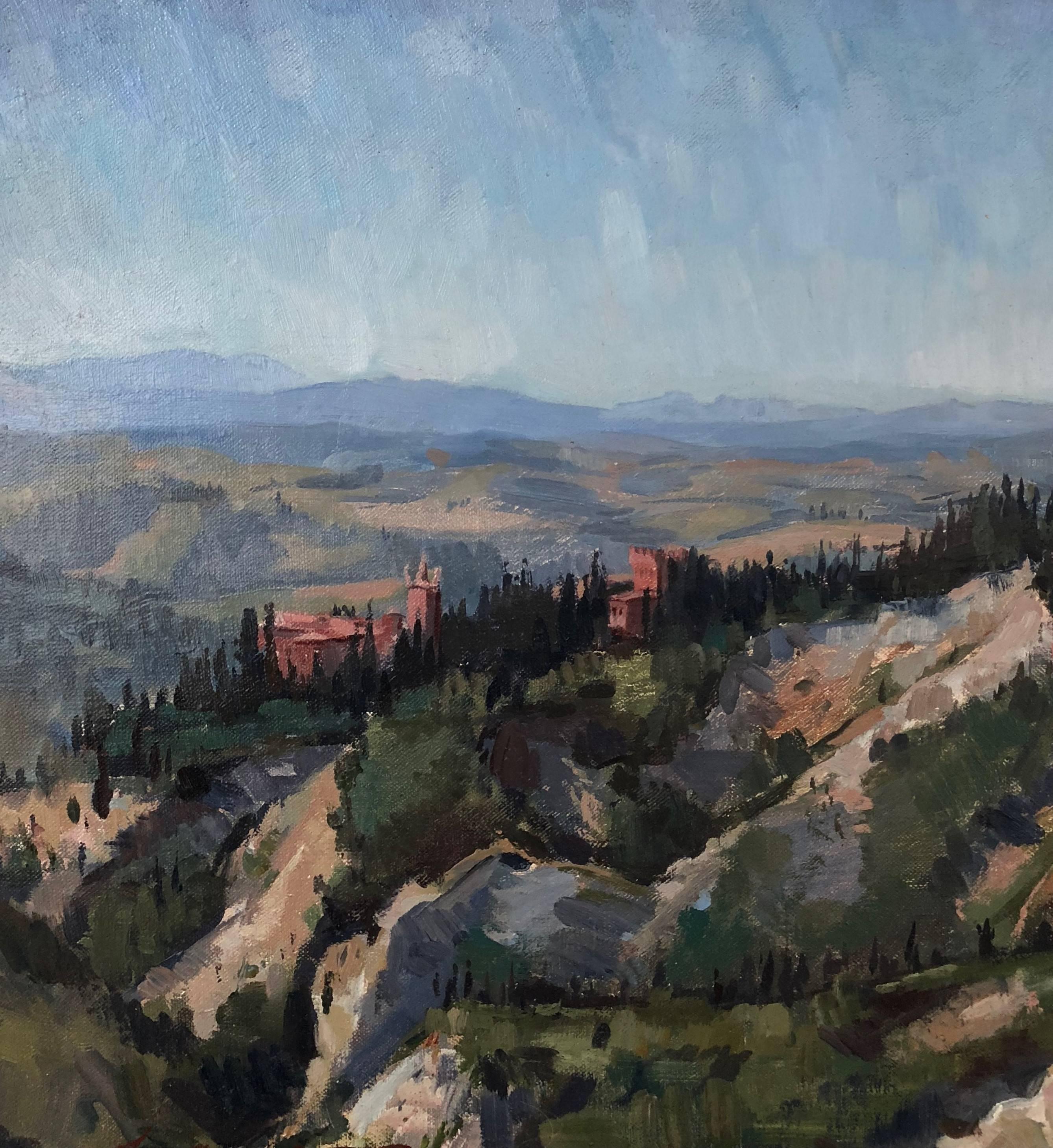 A patchwork of rich colors describes this quintessential Italian landscape. In the artist's neo-impressionistic style the rocky vista comes vibrantly to life.

Leo Mancini-Hresko is a prolific artist who creates painterly, dynamic work with bold,