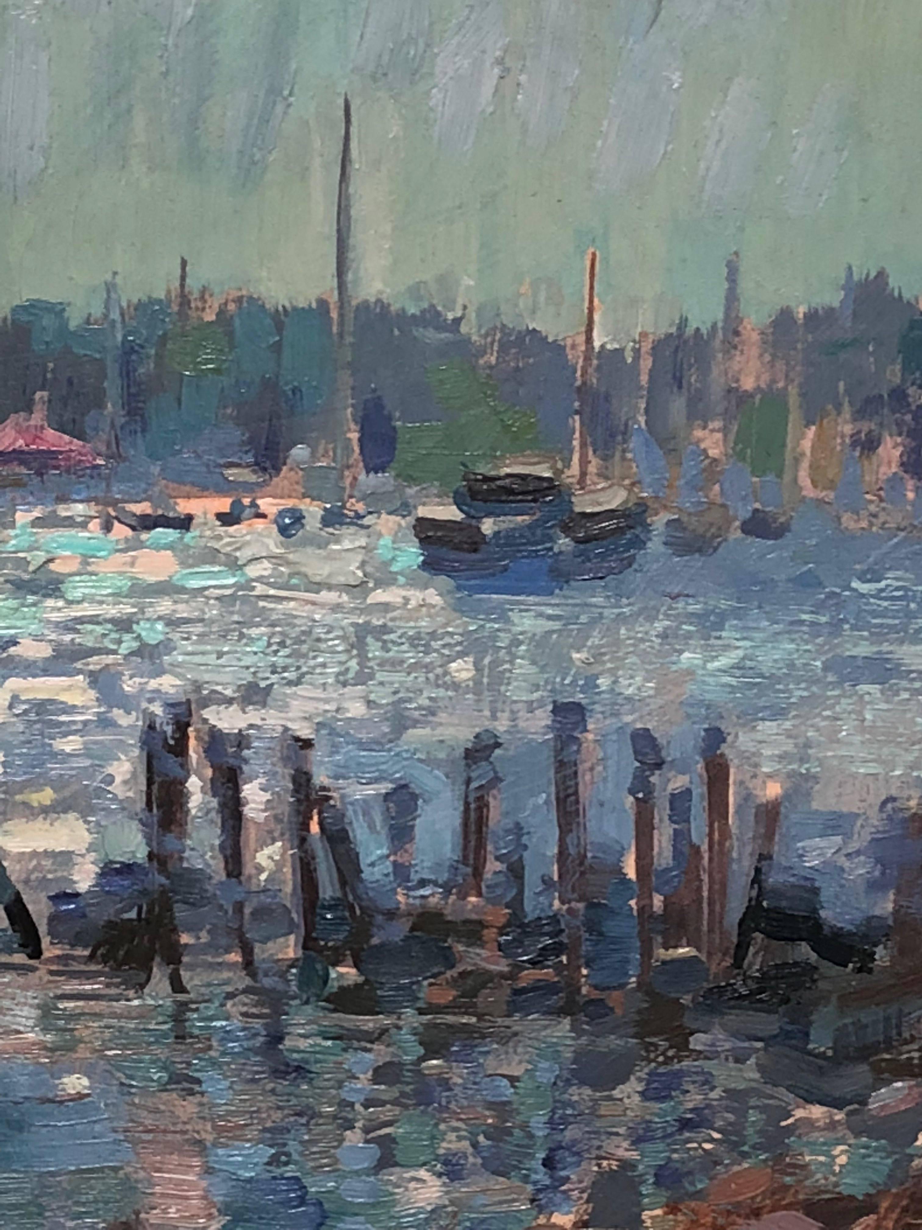 Glare on Little Harbor - American Impressionist Painting by Leo Mancini-Hresko