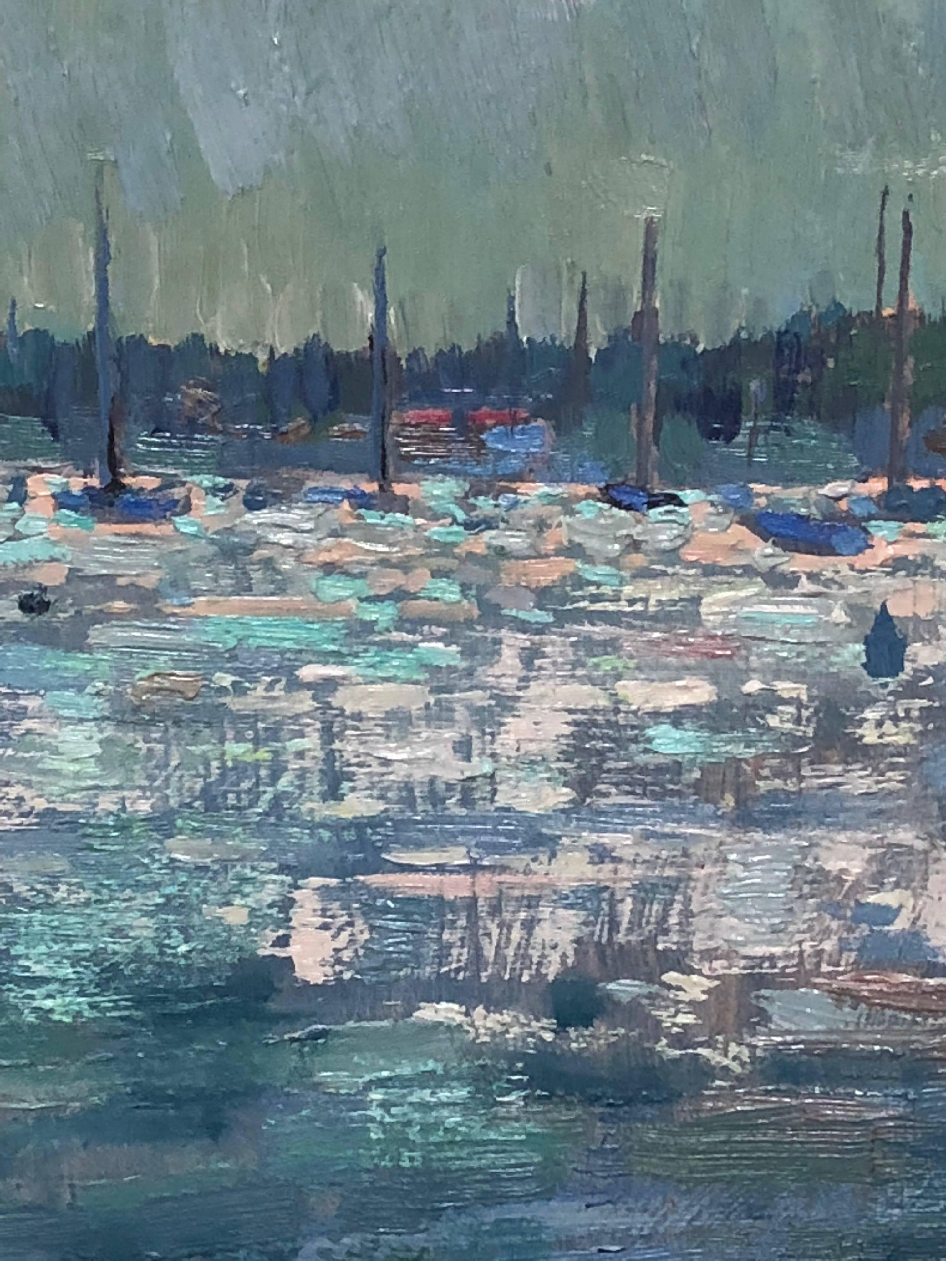 With thick paint and articulated brushwork, the bright sun reflecting off water in a classic New England harbor is perfectly captured.

Leo Mancini-Hresko is a prolific artist who creates painterly, dynamic work with bold, rich use of medium and