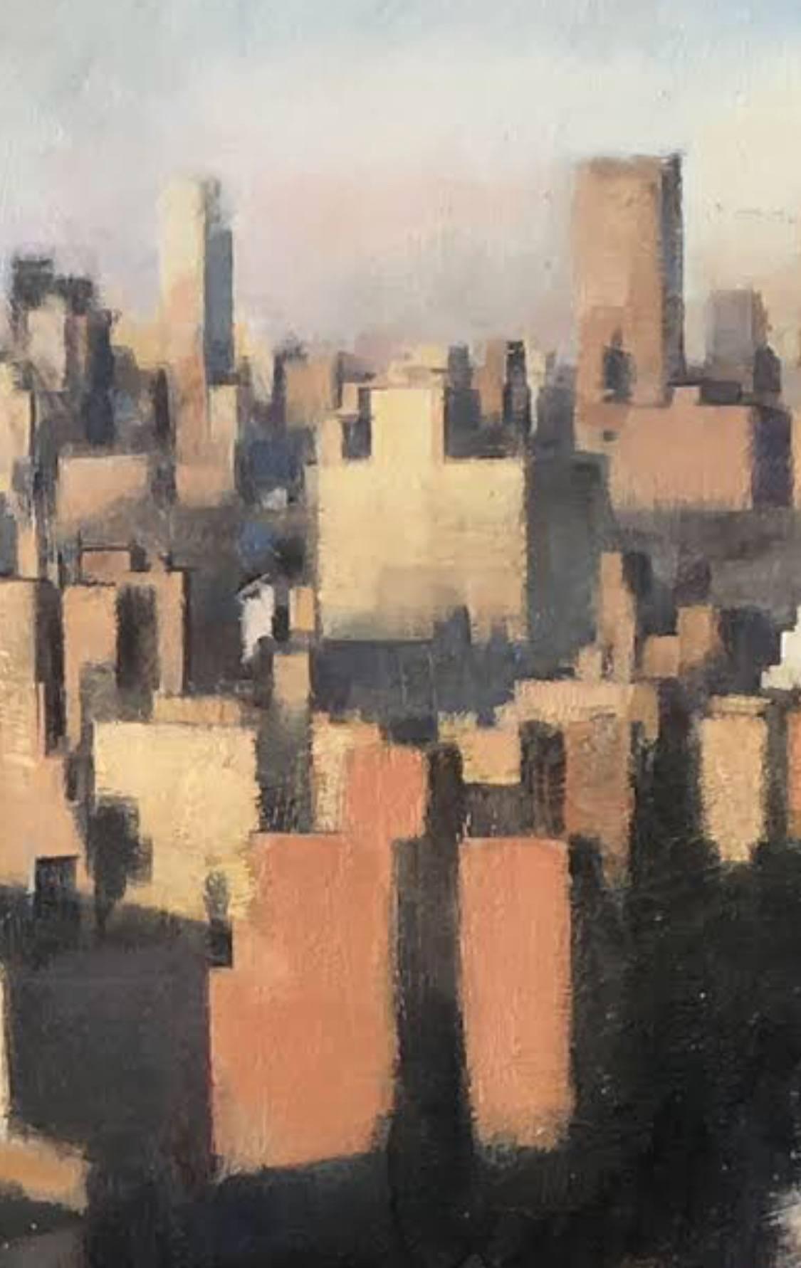 The Island (New York City Skyline) - Gray Landscape Painting by Jesus Emmanuel Villarreal
