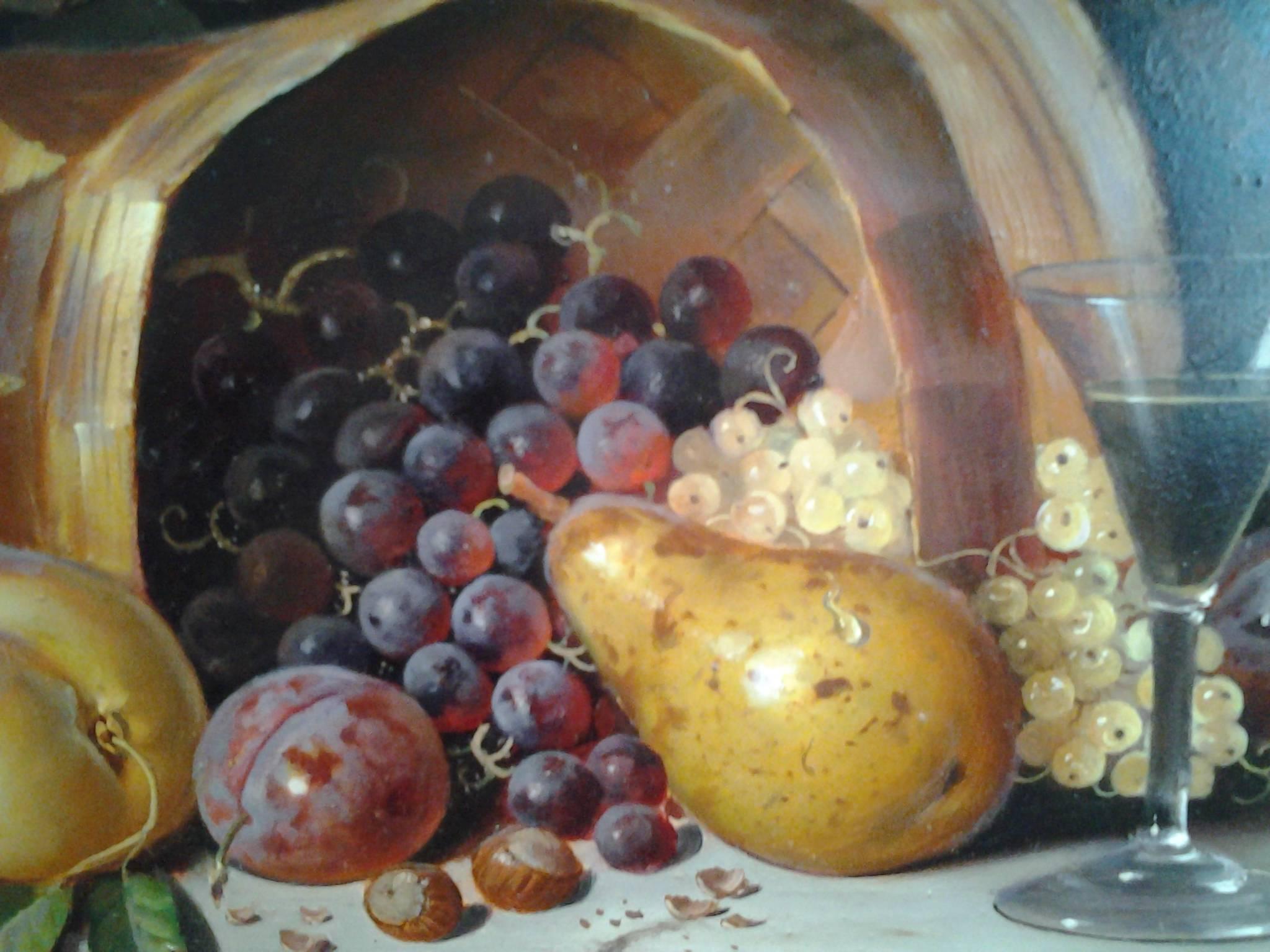 The Fruit Hamper Still Life of Grapes Plums and Peaches with Glass of wine - Old Masters Painting by Raymond Campbell