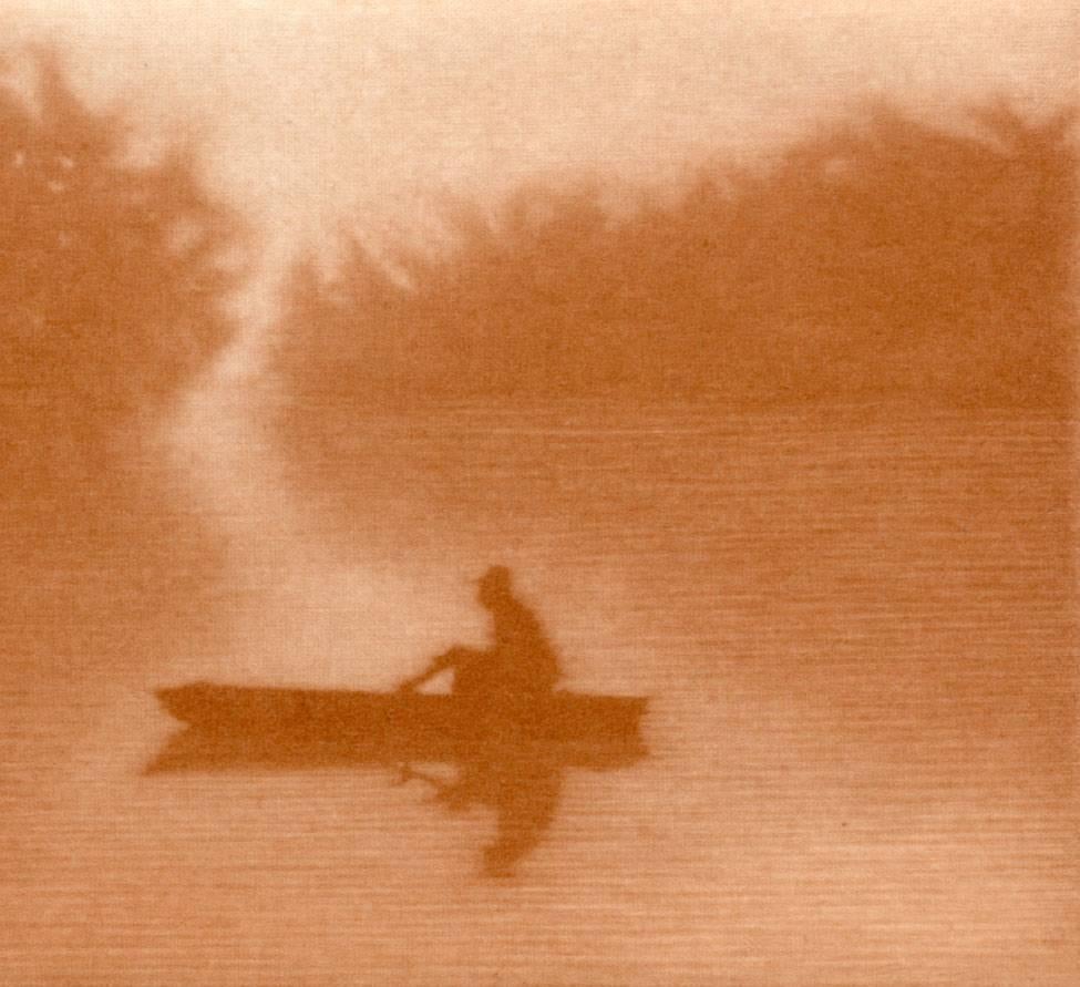 Brume (A lone boatman rows through the mist on a placid Canadian lake) - Print by Anne Dykmans