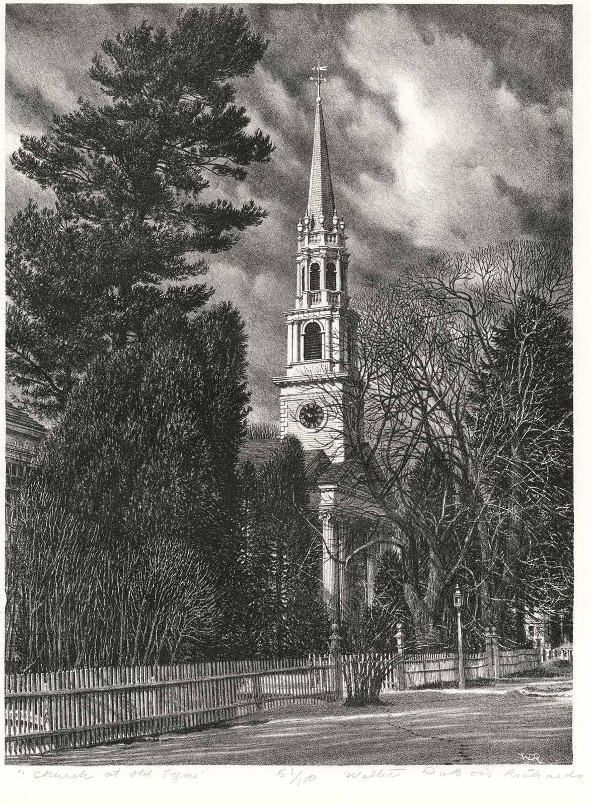 Walter DuBois Richards Landscape Print - Congregational Church, Old Lyme, CT. (quintessential New England landmark)