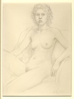 Nu aux cheveux bouclés (début du dessin au crayon d'une femme nue pleine face:: jambe levée)