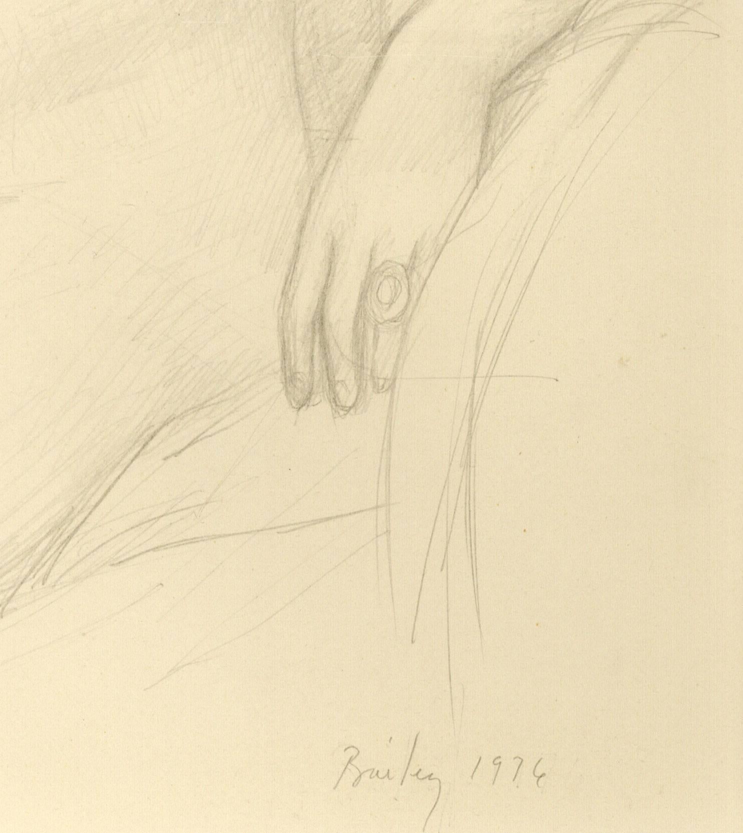 Nude With Curly Hair (early full frontal female nude pencil drawing, leg raised) - Contemporary Art by William Bailey