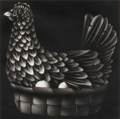 Poule (Hen nesting in basket with two eggs visible)