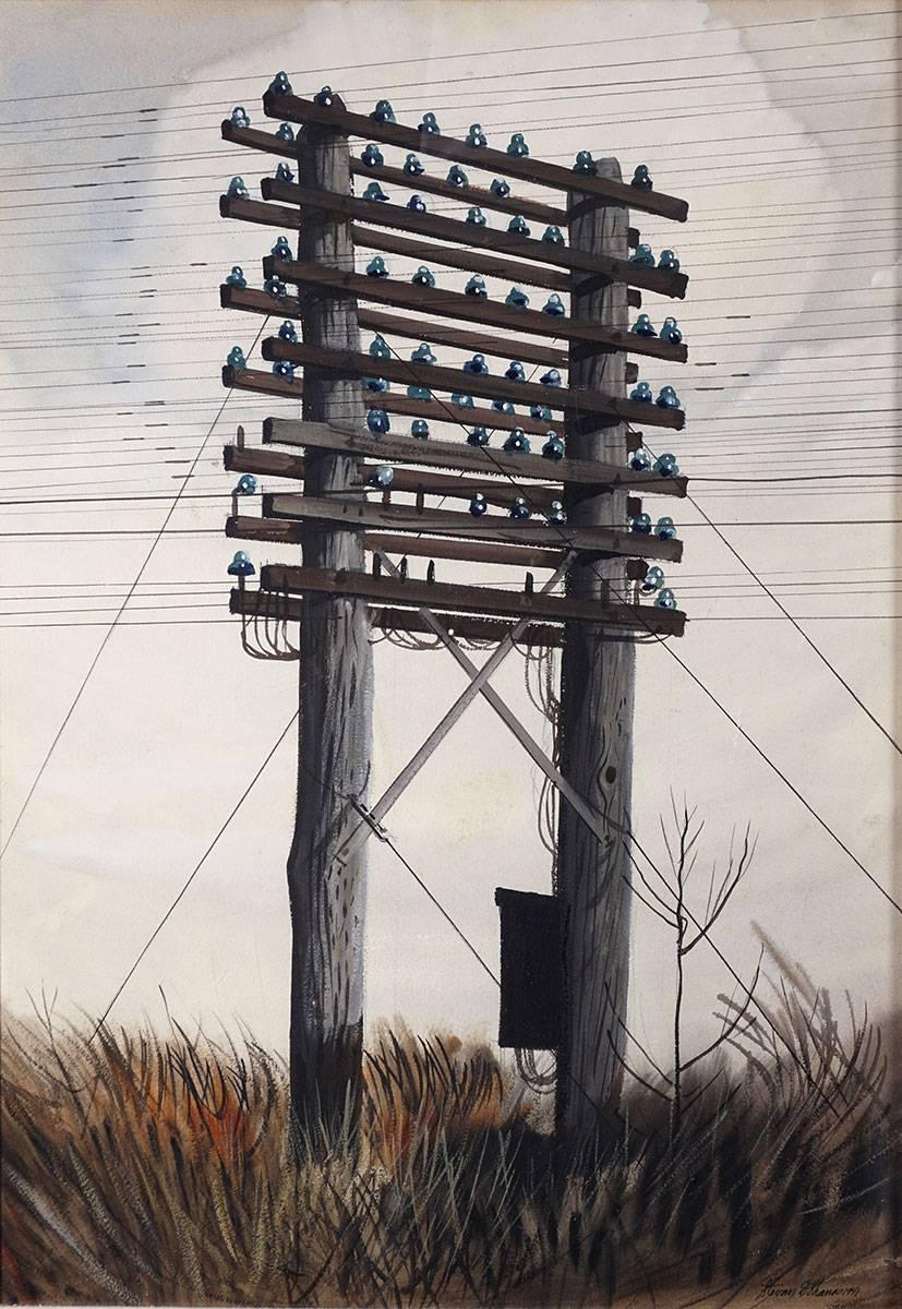 In this depiction of an old telephone pole with blue insulators, Stevan Dohanos captures a piece of Americana by symbolizing how the nation was connected during World War II.  "Nerves of a Nation" is a color gouache created in 1941 and signed by the