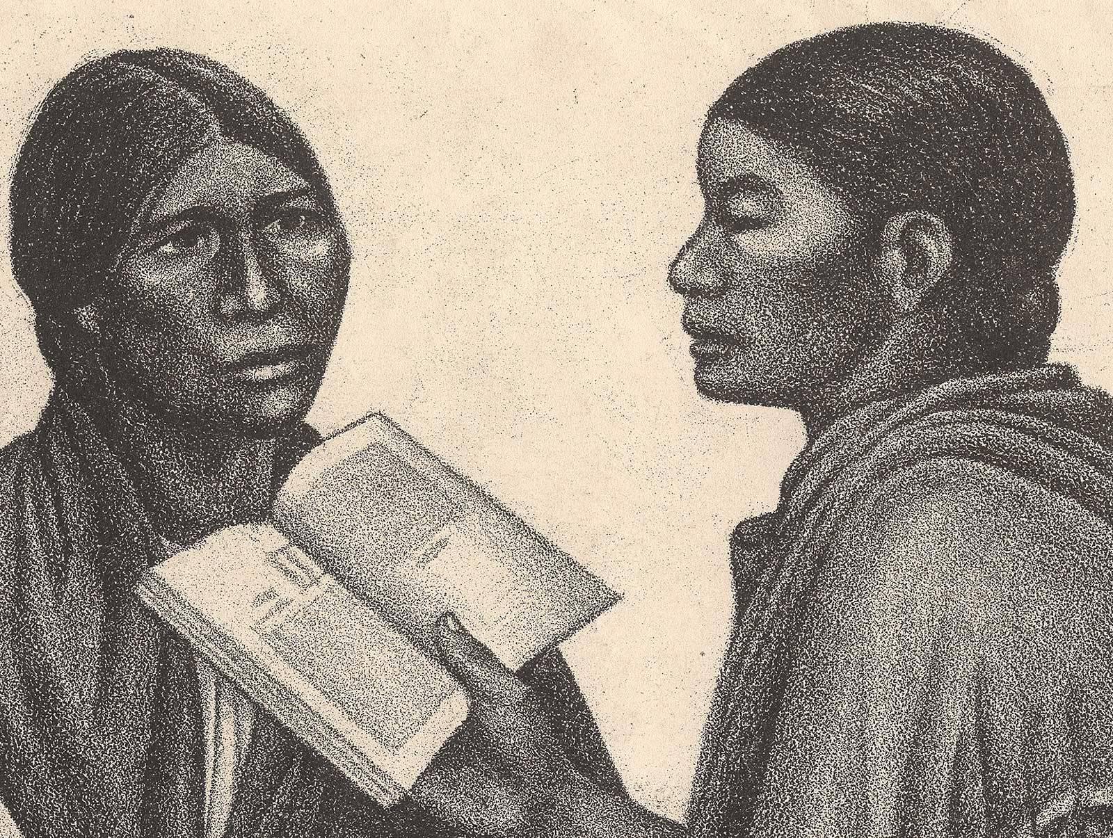 Alphabetization (Mexican teacher helping  the poor to learn skill of reading) - American Modern Print by Elizabeth Catlett