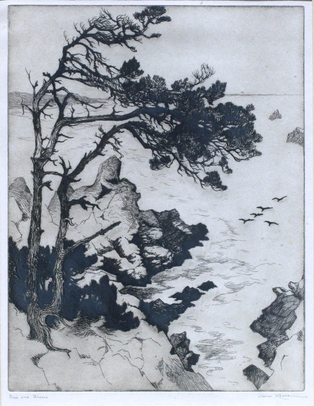 Gene Kloss Landscape Print - Pines and Pelicans