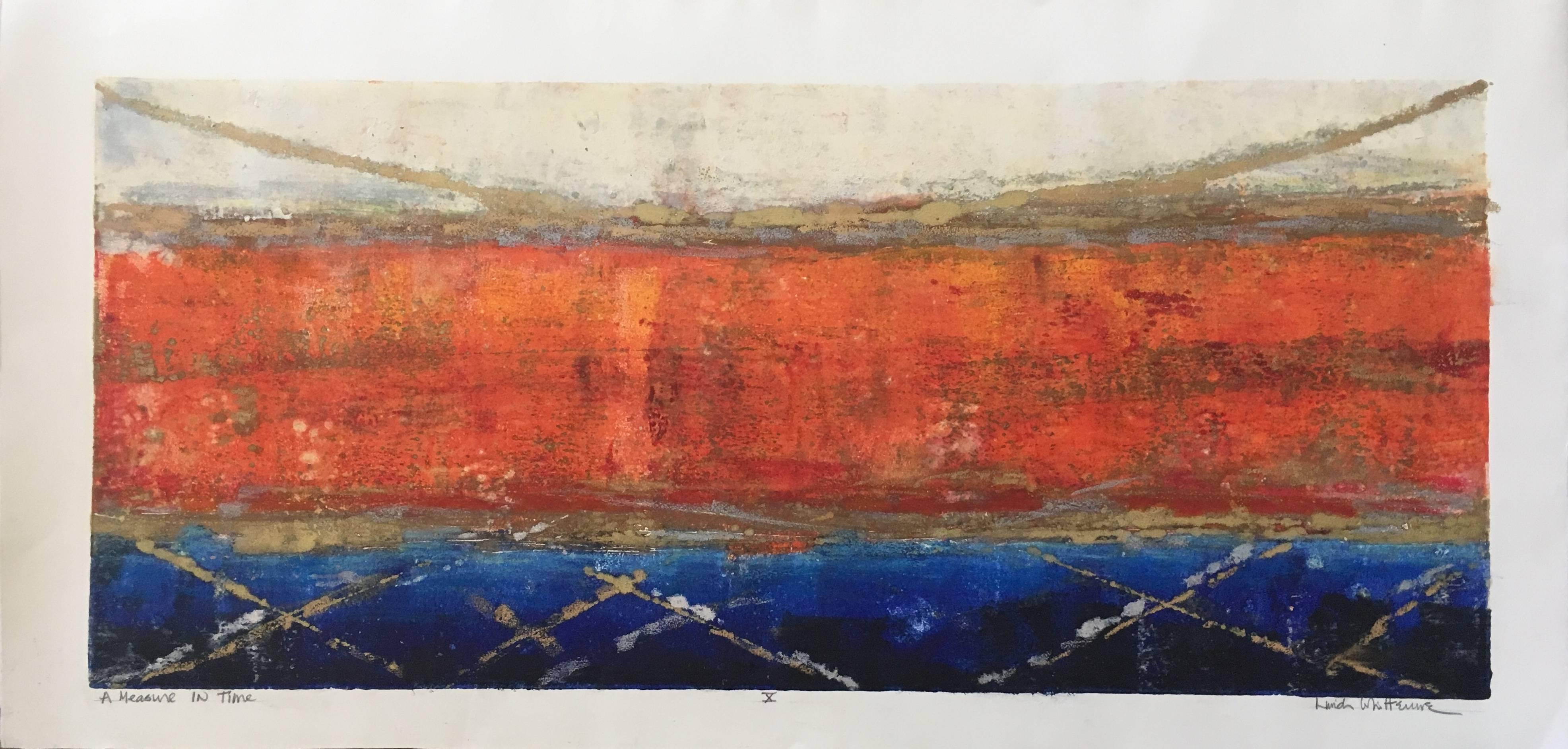 Bold reds, bold midnight blues, and sparkling accents play across this beautiful abstract original work "Measure In Time" by master print maker Linda Whittemore. This mixed media viscosity monotype displays all of the unique skill and painterly