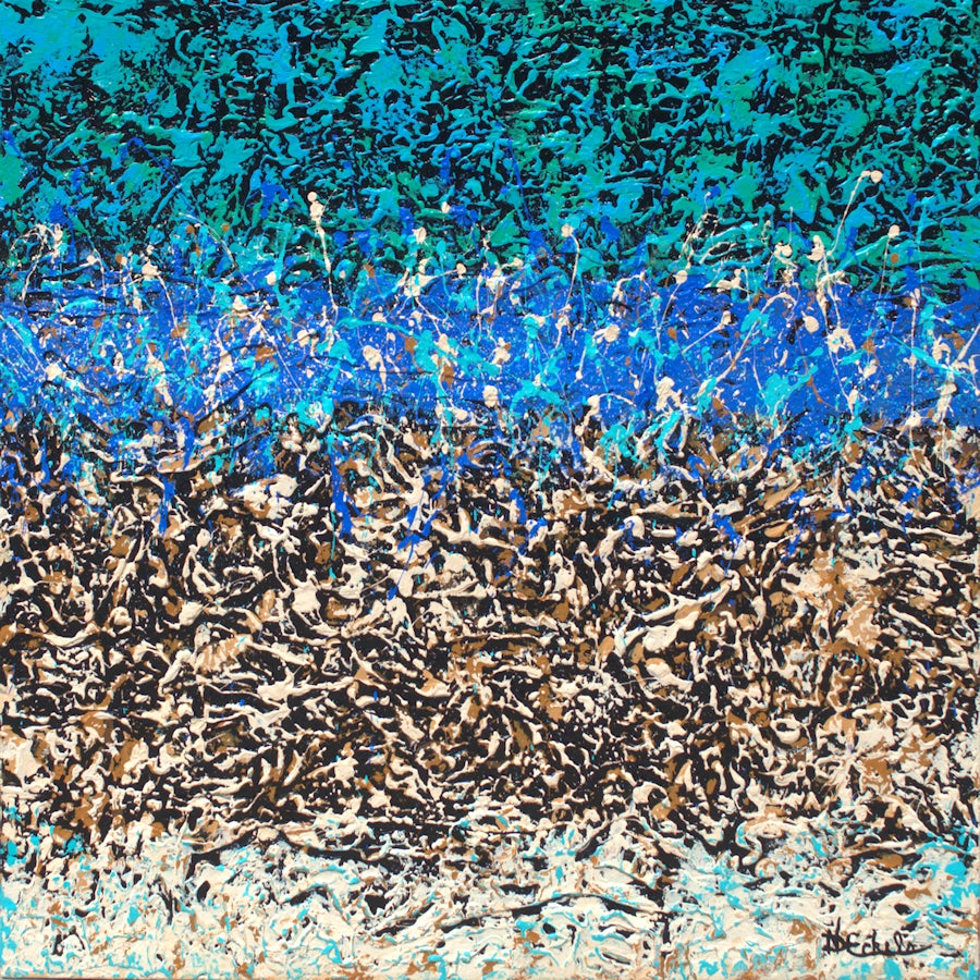"Morning Fog" Mixed Media abstract with textural blues, teal, aqua, gold