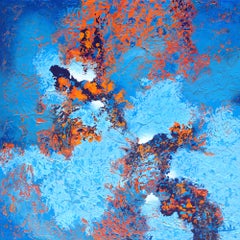 «Blooming Skies»: obra abstracta en técnica mixta con tonos azules, verde azulado, aguamarina y dorado que aportan textura