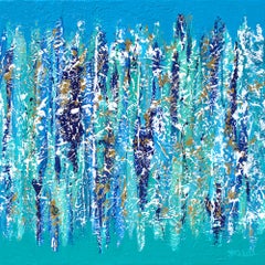 « Vertical Splash » : œuvre abstraite en techniques mixtes, aux textures dans les tons de bleu, de bleu sarcelle, de turquoise et de blanc