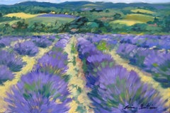 Impressionistisches Ölgemälde "Durch das Tal" mit lavendelfarbenen Feldern in der Provence